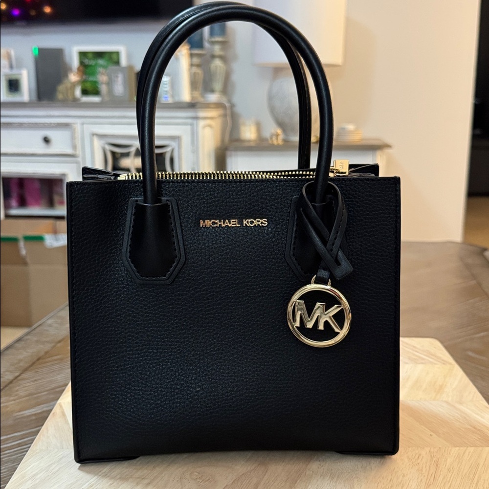 Michael Kors Black Pebbled Leather Satchel with Gold Logo Charm